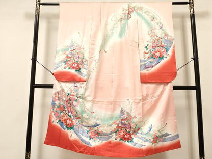 平和屋着物[]七五三　女の子　７歳　祝着　四つ身　駒刺繍　几帳御所車花文　暈し染め　金銀彩　逸品　DABA3628ma