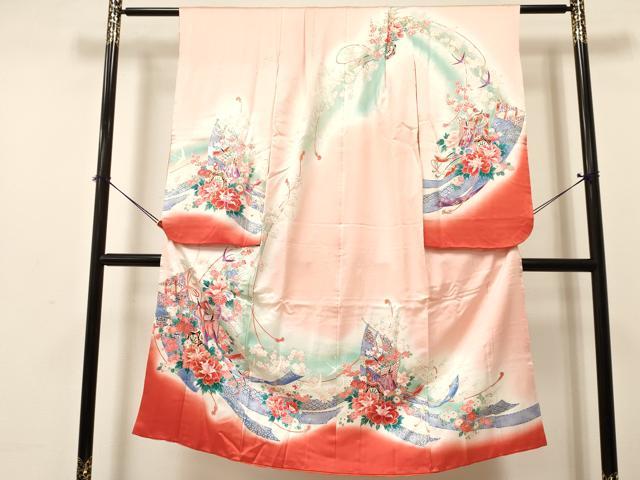平和屋着物[]七五三　女の子　７歳　祝着　四つ身　駒刺繍　几帳御所車花文　暈し染め　金銀彩　逸品　DABA3628ma