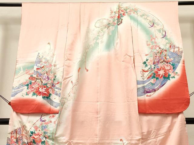 平和屋着物[]七五三　女の子　７歳　祝着　四つ身　駒刺繍　几帳御所車花文　暈し染め　金銀彩　逸品　DABA3628ma