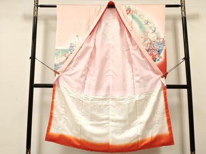 平和屋着物[]七五三　女の子　７歳　祝着　四つ身　駒刺繍　几帳御所車花文　暈し染め　金銀彩　逸品　DABA3628ma