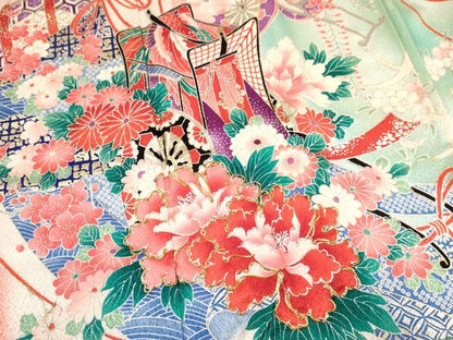 平和屋着物[]七五三　女の子　７歳　祝着　四つ身　駒刺繍　几帳御所車花文　暈し染め　金銀彩　逸品　DABA3628ma
