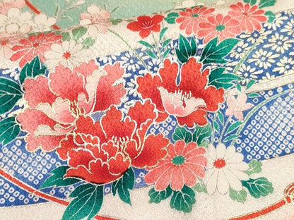 平和屋着物[]七五三　女の子　７歳　祝着　四つ身　駒刺繍　几帳御所車花文　暈し染め　金銀彩　逸品　DABA3628ma
