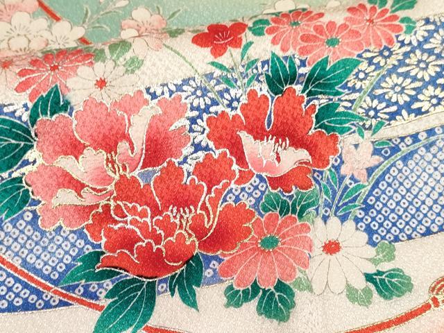 平和屋着物[]七五三　女の子　７歳　祝着　四つ身　駒刺繍　几帳御所車花文　暈し染め　金銀彩　逸品　DABA3628ma