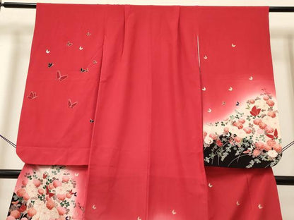 平和屋着物[]七五三　女の子　７歳　祝着　四つ身　舞蝶菊文　暈し染め　金銀彩　DABA3629ma