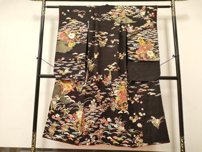 平和屋着物∵女の子 十三参り 子供 祝着 駒刺繍 花車文 黒地 金銀彩 逸品 DABA3630ma