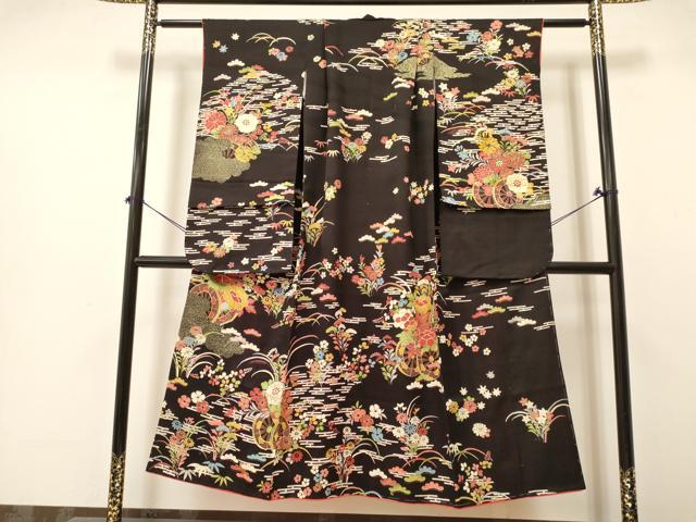 平和屋着物∵女の子 十三参り 子供 祝着 駒刺繍 花車文 黒地 金銀彩 逸品 DABA3630ma