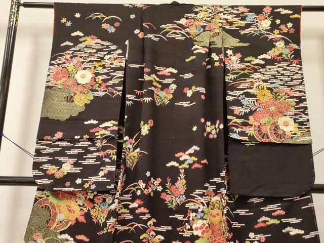 平和屋着物∵女の子 十三参り 子供 祝着 駒刺繍 花車文 黒地 金銀彩 逸品 DABA3630ma