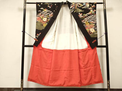 平和屋着物∵女の子 十三参り 子供 祝着 駒刺繍 花車文 黒地 金銀彩 逸品 DABA3630ma