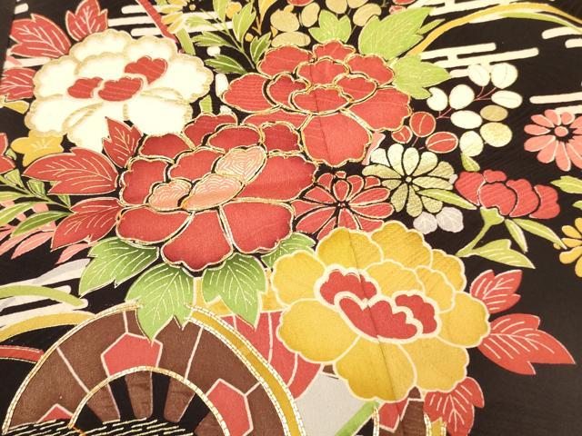 平和屋着物∵女の子 十三参り 子供 祝着 駒刺繍 花車文 黒地 金銀彩 逸品 DABA3630ma