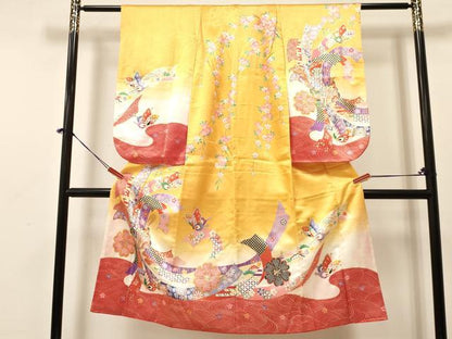 平和屋着物[]七五三　女の子　７歳　祝着　四つ身　束ね熨斗御所車花蝶文　暈し染め　金彩　逸品　DABA3632ma