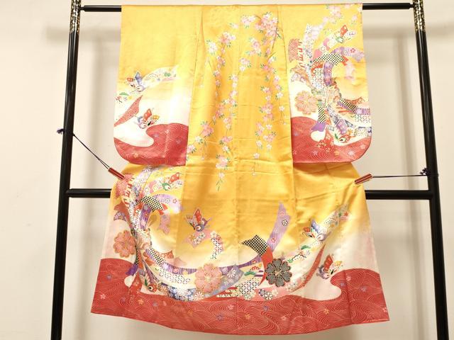 平和屋着物[]七五三　女の子　７歳　祝着　四つ身　束ね熨斗御所車花蝶文　暈し染め　金彩　逸品　DABA3632ma