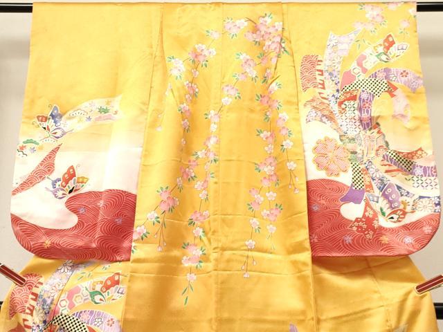 平和屋着物[]七五三　女の子　７歳　祝着　四つ身　束ね熨斗御所車花蝶文　暈し染め　金彩　逸品　DABA3632ma