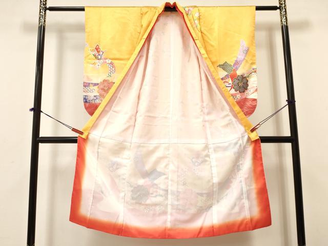 平和屋着物[]七五三　女の子　７歳　祝着　四つ身　束ね熨斗御所車花蝶文　暈し染め　金彩　逸品　DABA3632ma