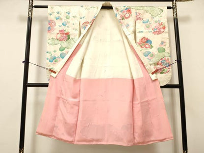 平和屋着物[]七五三　女の子　７歳　祝着　四つ身　刺繍　菊桐文　金彩　逸品　DABA3634ma