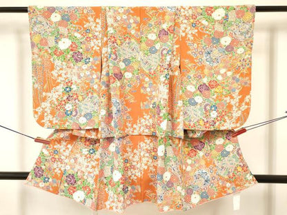 平和屋着物[]七五三　女の子　３歳　祝着　三つ身　鼓花文　鬼しぼ縮緬　逸品　DABA3637ma
