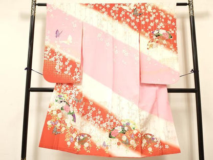 平和屋着物[]七五三　女の子　７歳　祝着　四つ身　扇面舞蝶花文　暈し染め　金彩　DABA3638ma