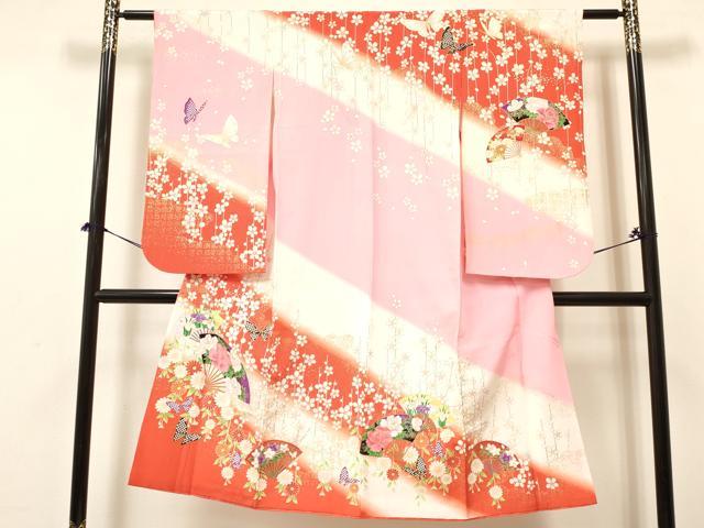 平和屋着物[]七五三　女の子　７歳　祝着　四つ身　扇面舞蝶花文　暈し染め　金彩　DABA3638ma
