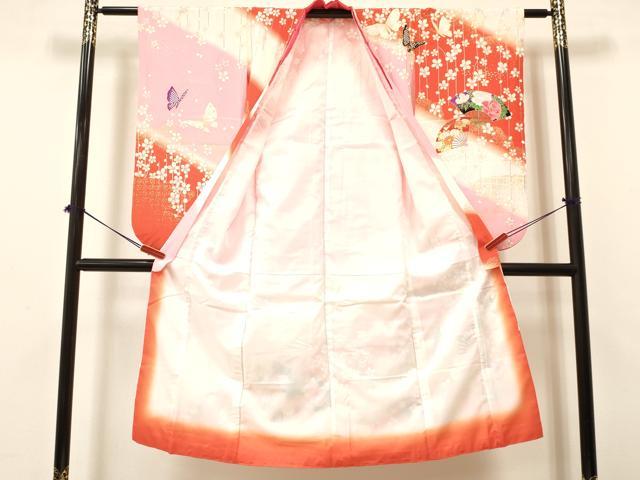 平和屋着物[]七五三　女の子　７歳　祝着　四つ身　扇面舞蝶花文　暈し染め　金彩　DABA3638ma