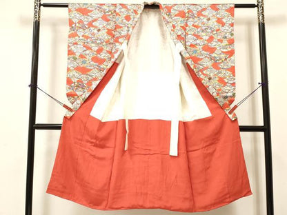 平和屋着物[]七五三　女の子　７歳　祝着　四つ身　型染　扇面風景吉祥花文　逸品　DABA3639ma