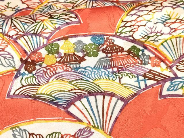 平和屋着物[]七五三　女の子　７歳　祝着　四つ身　型染　扇面風景吉祥花文　逸品　DABA3639ma