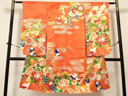 平和屋着物[]七五三　女の子　７歳　祝着　四つ身　駒刺繍　鼓花文　金彩　洗える着物　DABA3640ma