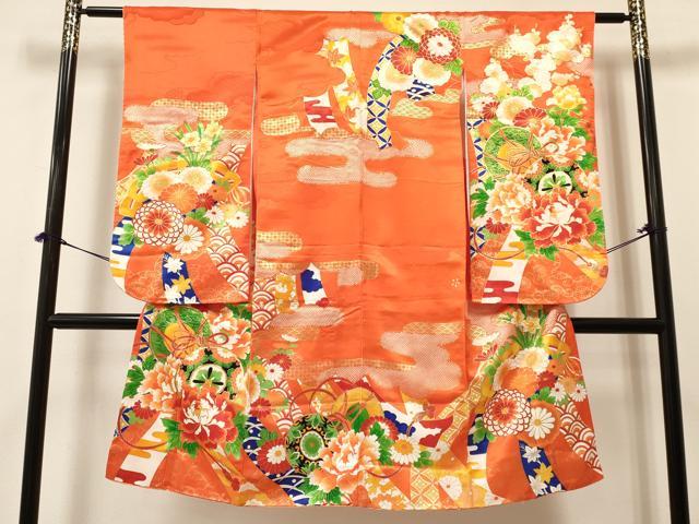 平和屋着物[]七五三　女の子　７歳　祝着　四つ身　駒刺繍　鼓花文　金彩　洗える着物　DABA3640ma