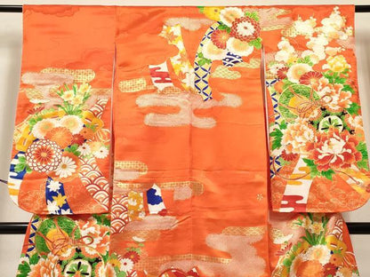 平和屋着物[]七五三　女の子　７歳　祝着　四つ身　駒刺繍　鼓花文　金彩　洗える着物　DABA3640ma