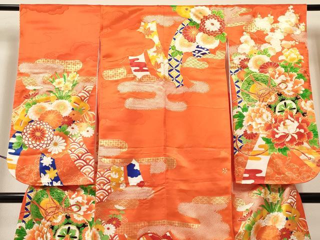 平和屋着物[]七五三　女の子　７歳　祝着　四つ身　駒刺繍　鼓花文　金彩　洗える着物　DABA3640ma