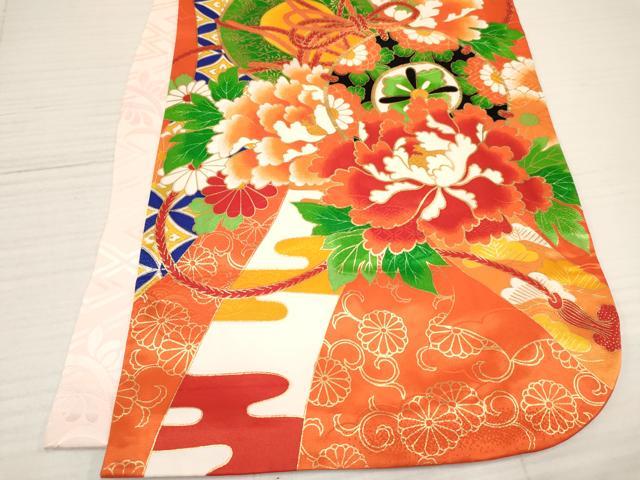平和屋着物[]七五三　女の子　７歳　祝着　四つ身　駒刺繍　鼓花文　金彩　洗える着物　DABA3640ma