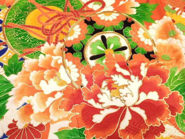 平和屋着物[]七五三　女の子　７歳　祝着　四つ身　駒刺繍　鼓花文　金彩　洗える着物　DABA3640ma