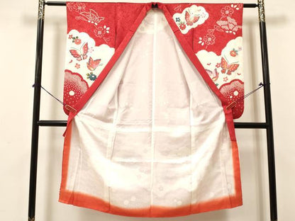 平和屋着物[]七五三　女の子　７歳　祝着　四つ身　絞り　鞠花蝶文　金彩　逸品　DABA3641ma