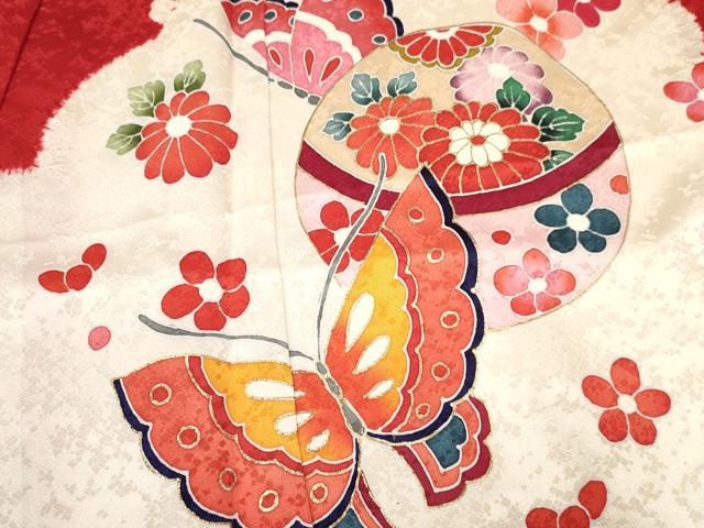 平和屋着物[]七五三　女の子　７歳　祝着　四つ身　絞り　鞠花蝶文　金彩　逸品　DABA3641ma