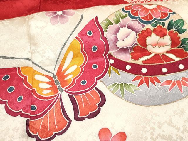 平和屋着物[]七五三　女の子　７歳　祝着　四つ身　絞り　鞠花蝶文　金彩　逸品　DABA3641ma