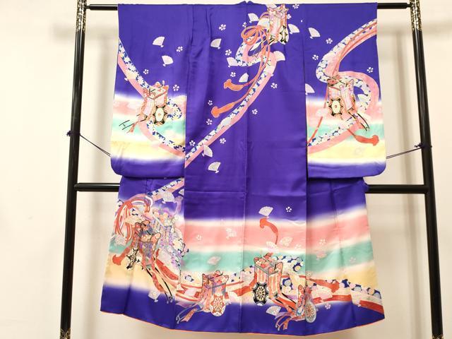 平和屋着物[]七五三　女の子　７歳　祝着　四つ身　御所車花文　暈し染め　金彩　逸品　DABA3643ma