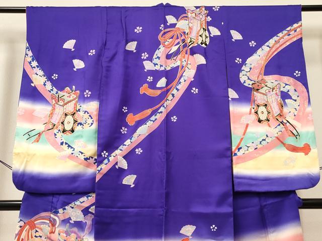 平和屋着物[]七五三　女の子　７歳　祝着　四つ身　御所車花文　暈し染め　金彩　逸品　DABA3643ma