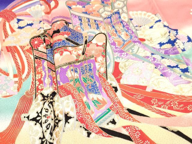 平和屋着物[]七五三　女の子　７歳　祝着　四つ身　御所車花文　暈し染め　金彩　逸品　DABA3643ma