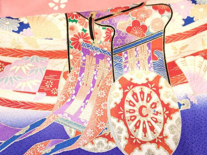 平和屋着物[]七五三　女の子　７歳　祝着　四つ身　御所車花文　暈し染め　金彩　逸品　DABA3643ma