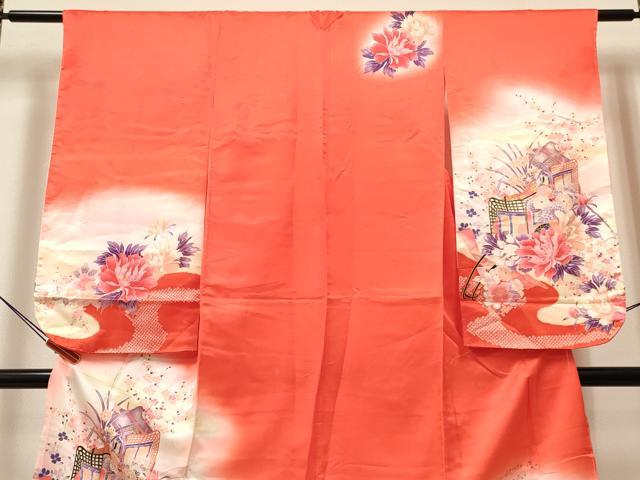 平和屋着物[]七五三　女の子　７歳　祝着　四つ身　御所車花文　暈し染め　金彩　逸品　DABA3644ma