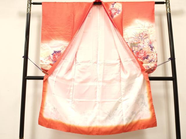 平和屋着物[]七五三　女の子　７歳　祝着　四つ身　御所車花文　暈し染め　金彩　逸品　DABA3644ma