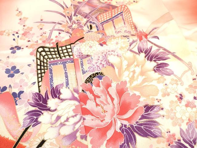 平和屋着物[]七五三　女の子　７歳　祝着　四つ身　御所車花文　暈し染め　金彩　逸品　DABA3644ma