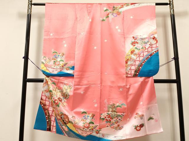 平和屋着物[]七五三　女の子　７歳　祝着　四つ身　御所車扇面花蝶文　暈し染め　金彩　DABA3646ma