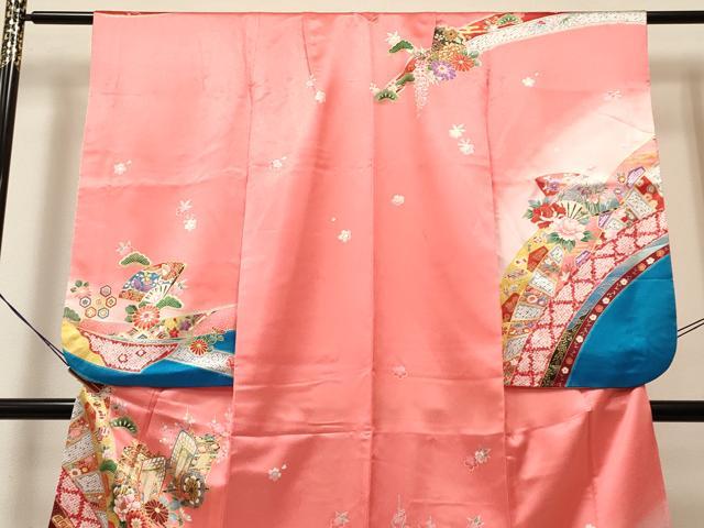 平和屋着物[]七五三　女の子　７歳　祝着　四つ身　御所車扇面花蝶文　暈し染め　金彩　DABA3646ma