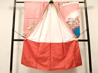 平和屋着物[]七五三　女の子　７歳　祝着　四つ身　御所車扇面花蝶文　暈し染め　金彩　DABA3646ma