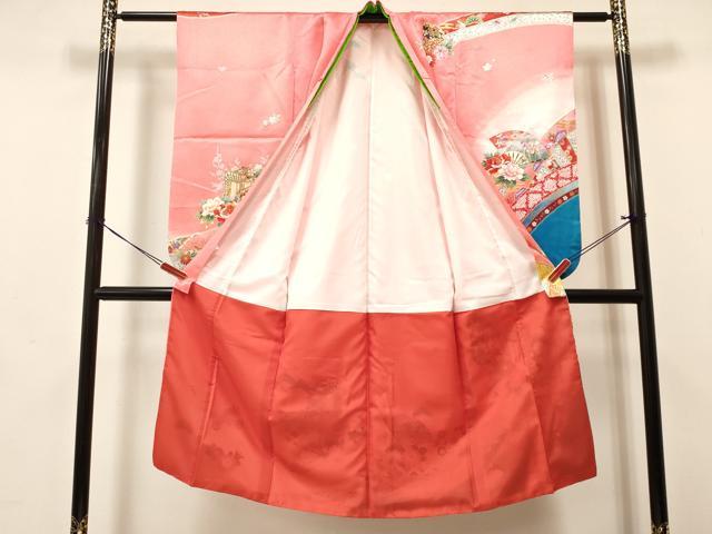 平和屋着物[]七五三　女の子　７歳　祝着　四つ身　御所車扇面花蝶文　暈し染め　金彩　DABA3646ma