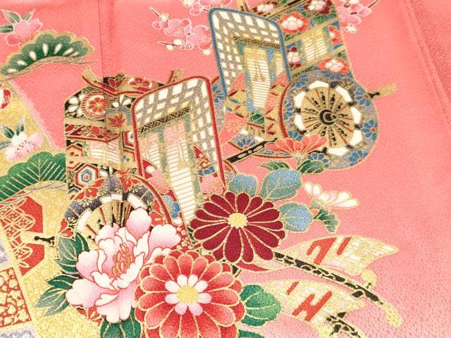 平和屋着物[]七五三　女の子　７歳　祝着　四つ身　御所車扇面花蝶文　暈し染め　金彩　DABA3646ma