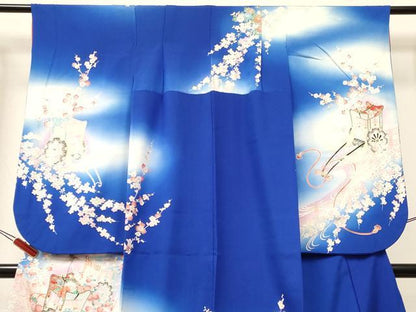 平和屋着物[]七五三　女の子　７歳　祝着　四つ身　御所車飛鶴花文　暈し染め　金銀彩　逸品　DABA3647ma