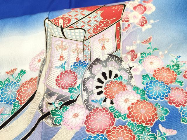 平和屋着物[]七五三　女の子　７歳　祝着　四つ身　御所車飛鶴花文　暈し染め　金銀彩　逸品　DABA3647ma