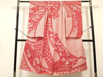 平和屋着物[]七五三　女の子　７歳　祝着　四つ身　総絞り　束ね熨斗花文　逸品　DABA3648ma