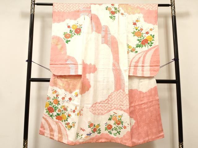 平和屋着物[]七五三　女の子　７歳　祝着　四つ身　駒刺繍　絞り　草花文　金銀彩　逸品　DABA3649ma