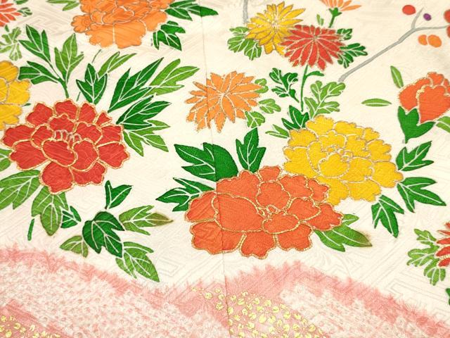 平和屋着物[]七五三　女の子　７歳　祝着　四つ身　駒刺繍　絞り　草花文　金銀彩　逸品　DABA3649ma